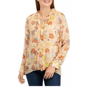 NWT Joie Daisy Silk Blouse Apricot Buff Multi Floral Sheer Ruffle Tie Neck M